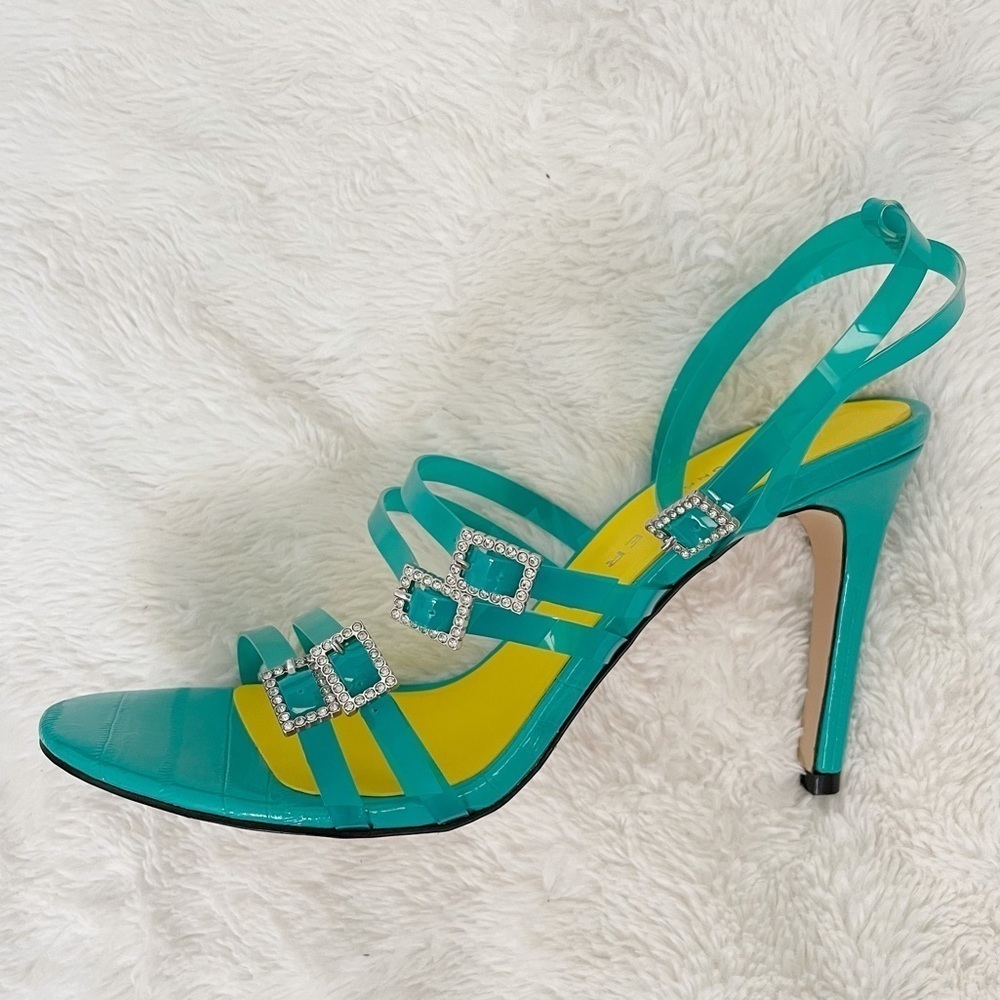 Kurt Geiger Turquoise Vinyl Rhinestone ankle strap heels